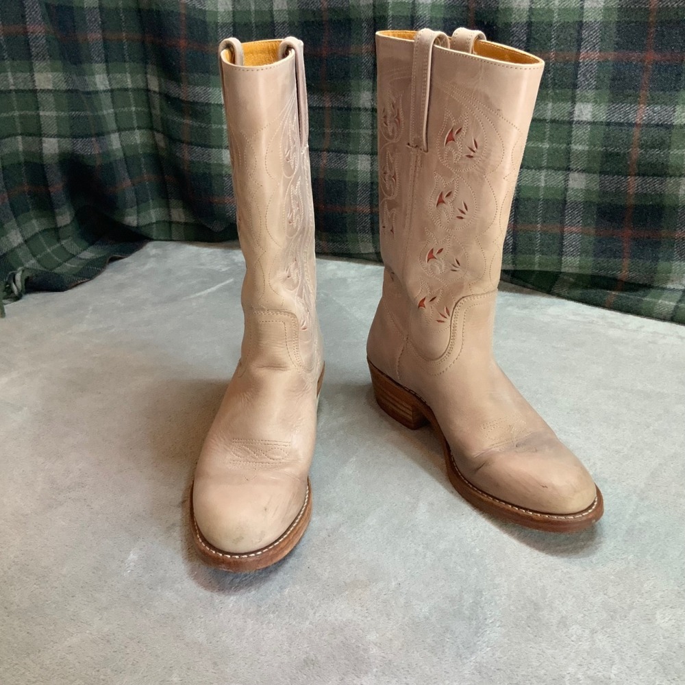 Frye Vintage Women Beige Leather Western Cowboy Boots Embroidered Square Toe 10